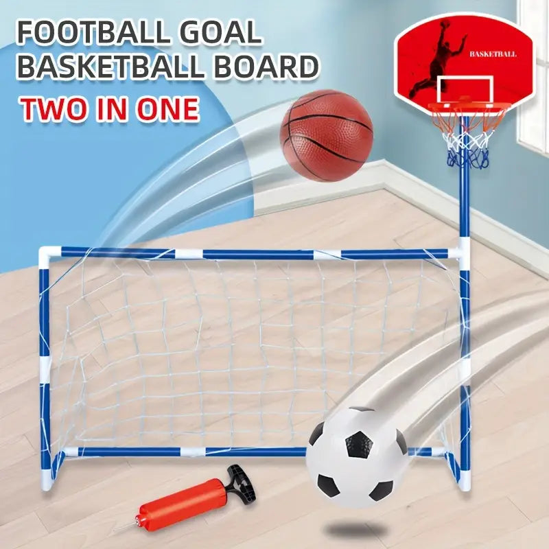 2 in 1 Kids Sports Set with Football Goal, Basketball Stand, 2 Balls & Pump Topifye