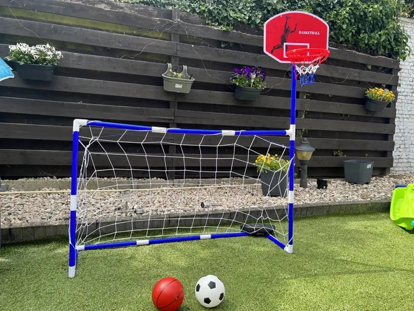 2 in 1 Kids Sports Set with Football Goal, Basketball Stand, 2 Balls & Pump Minimarvel