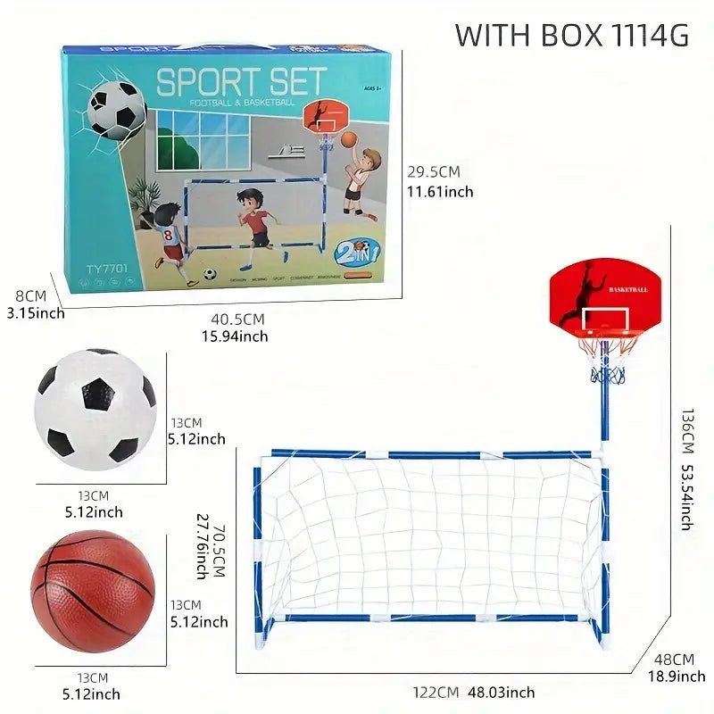 2 in 1 Kids Sports Set with Football Goal, Basketball Stand, 2 Balls & Pump Topifye