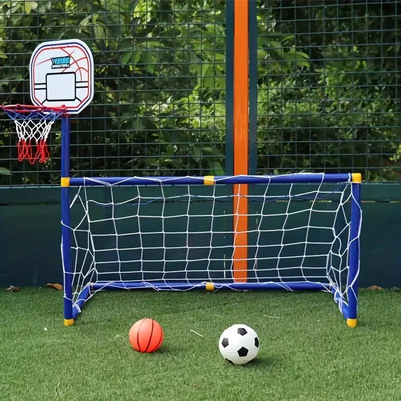 2 in 1 Kids Sports Set with Football Goal, Basketball Stand, 2 Balls & Pump Topifye