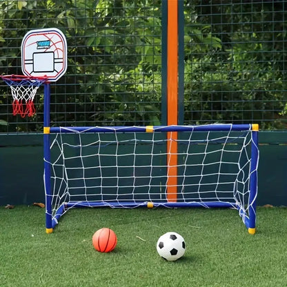 2 in 1 Kids Sports Set with Football Goal, Basketball Stand, 2 Balls & Pump Topifye