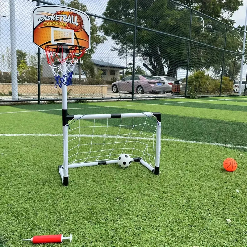 2 in 1 Kids Sports Set with Football Goal, Basketball Stand, 2 Balls & Pump Topifye