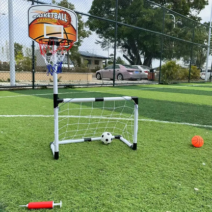 2 in 1 Kids Sports Set with Football Goal, Basketball Stand, 2 Balls & Pump Topifye