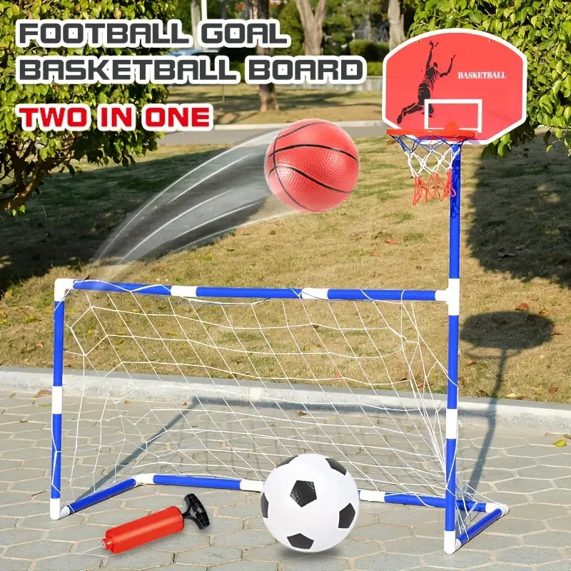 2 in 1 Kids Sports Set with Football Goal, Basketball Stand, 2 Balls & Pump Topifye