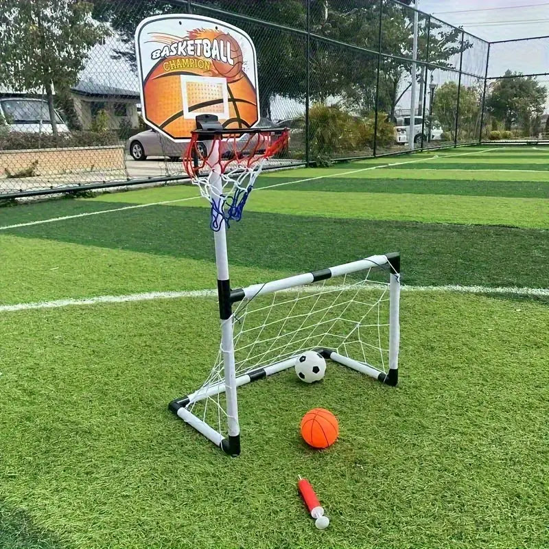2 in 1 Kids Sports Set with Football Goal, Basketball Stand, 2 Balls & Pump Minimarvel