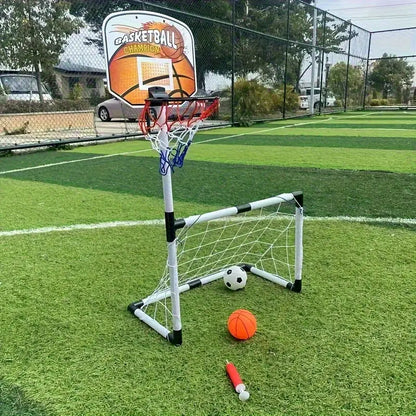 2 in 1 Kids Sports Set with Football Goal, Basketball Stand, 2 Balls & Pump Minimarvel