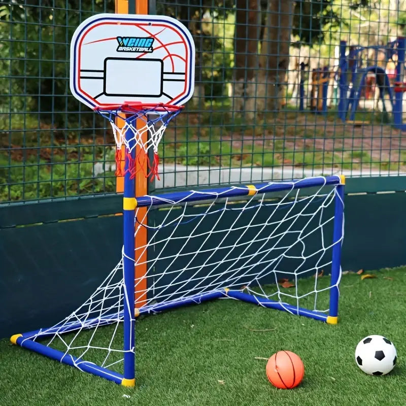 2 in 1 Kids Sports Set with Football Goal, Basketball Stand, 2 Balls & Pump Topifye