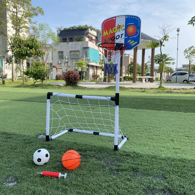 2 in 1 Kids Sports Set with Football Goal, Basketball Stand, 2 Balls & Pump Minimarvel