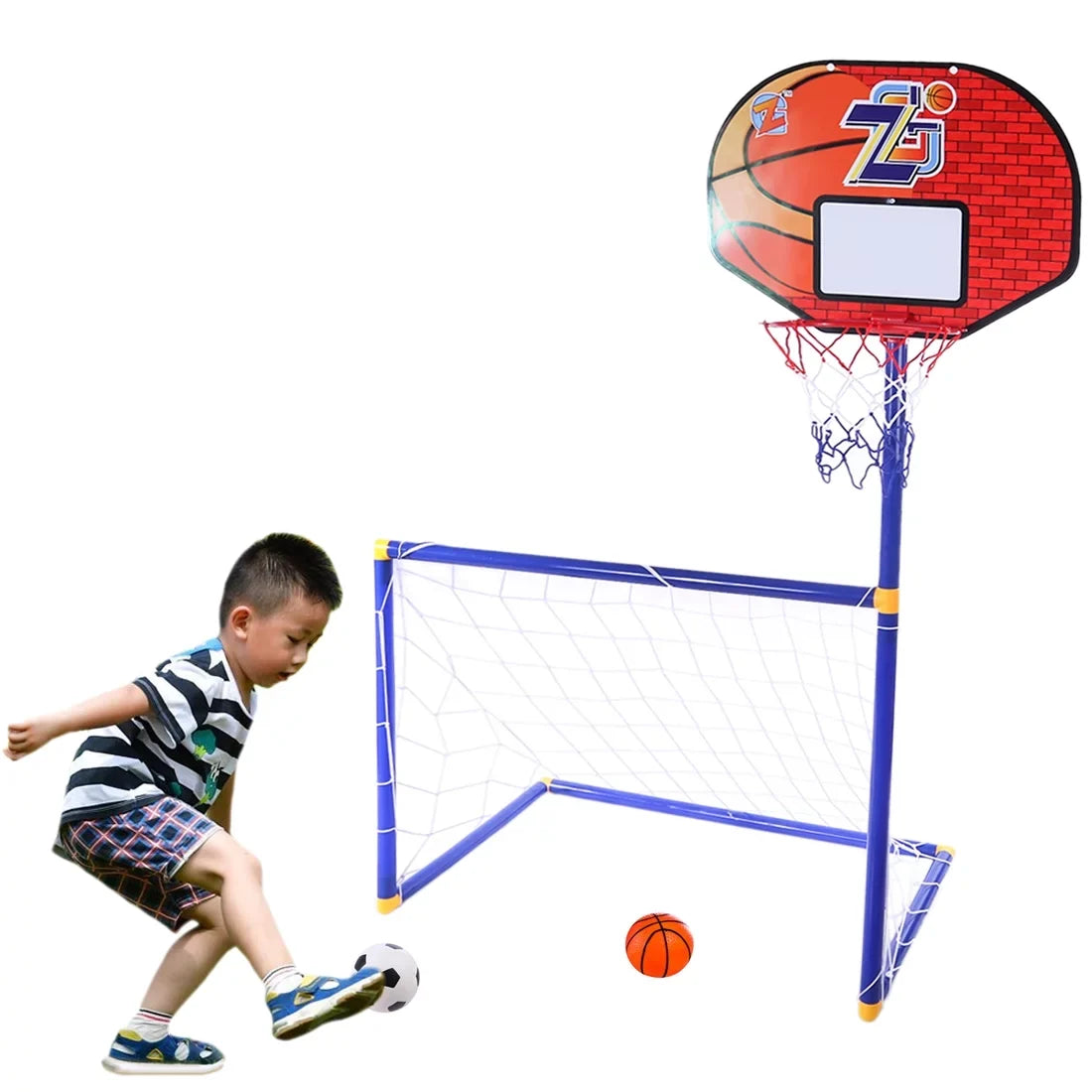 2 in 1 Kids Sports Set with Football Goal, Basketball Stand, 2 Balls & Pump Topifye