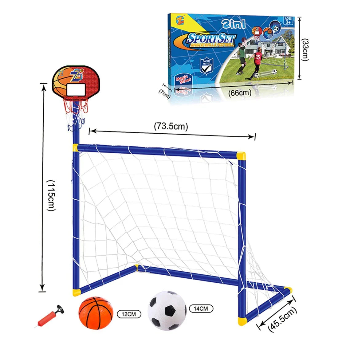 2 in 1 Kids Sports Set with Football Goal, Basketball Stand, 2 Balls & Pump Topifye