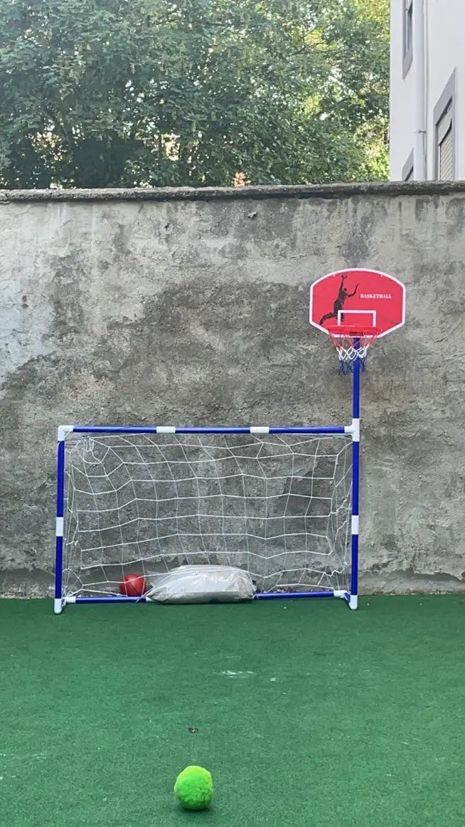 2 in 1 Kids Sports Set with Football Goal, Basketball Stand, 2 Balls & Pump Minimarvel