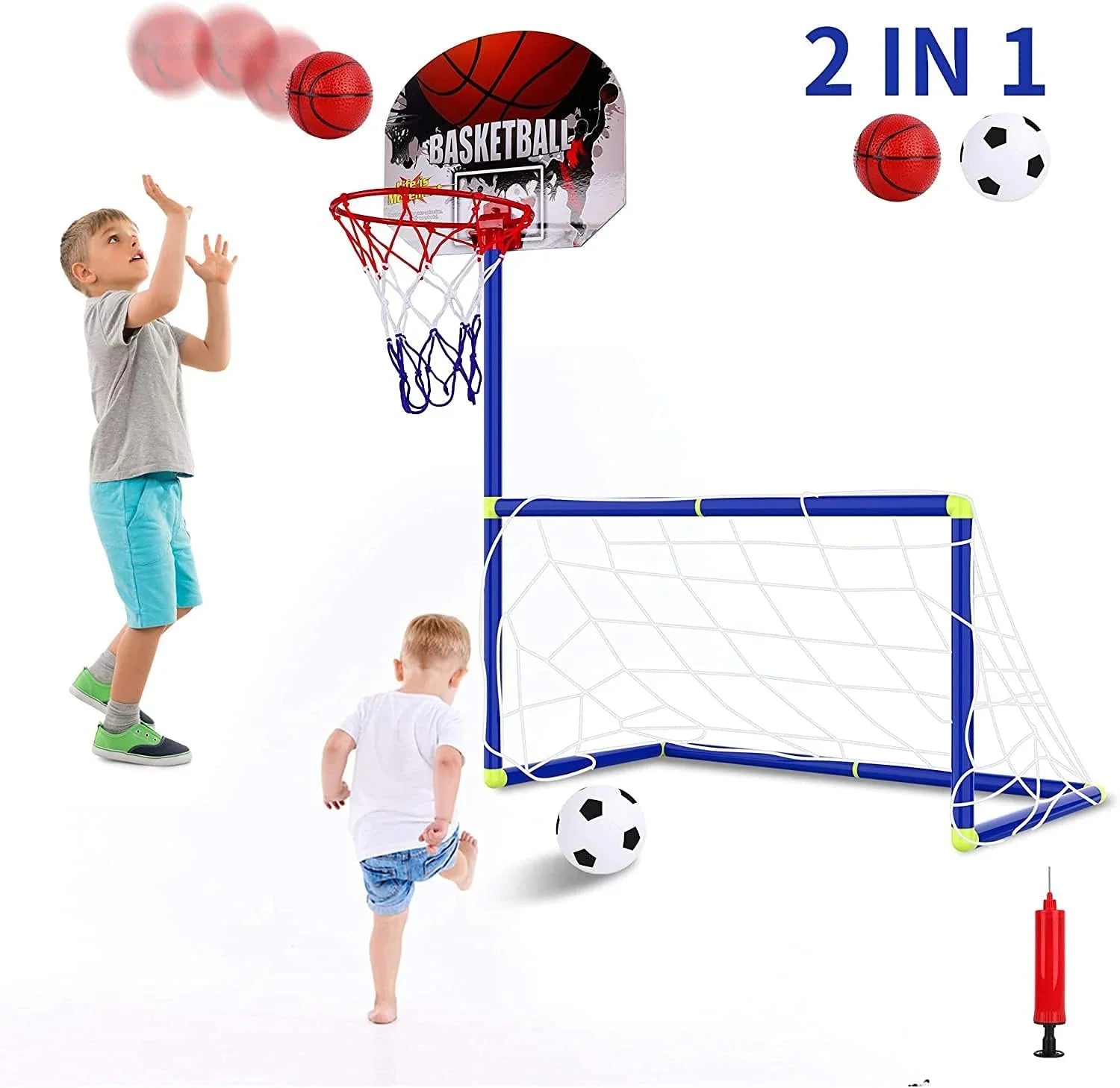 2 in 1 Kids Sports Set with Football Goal, Basketball Stand, 2 Balls & Pump Topifye