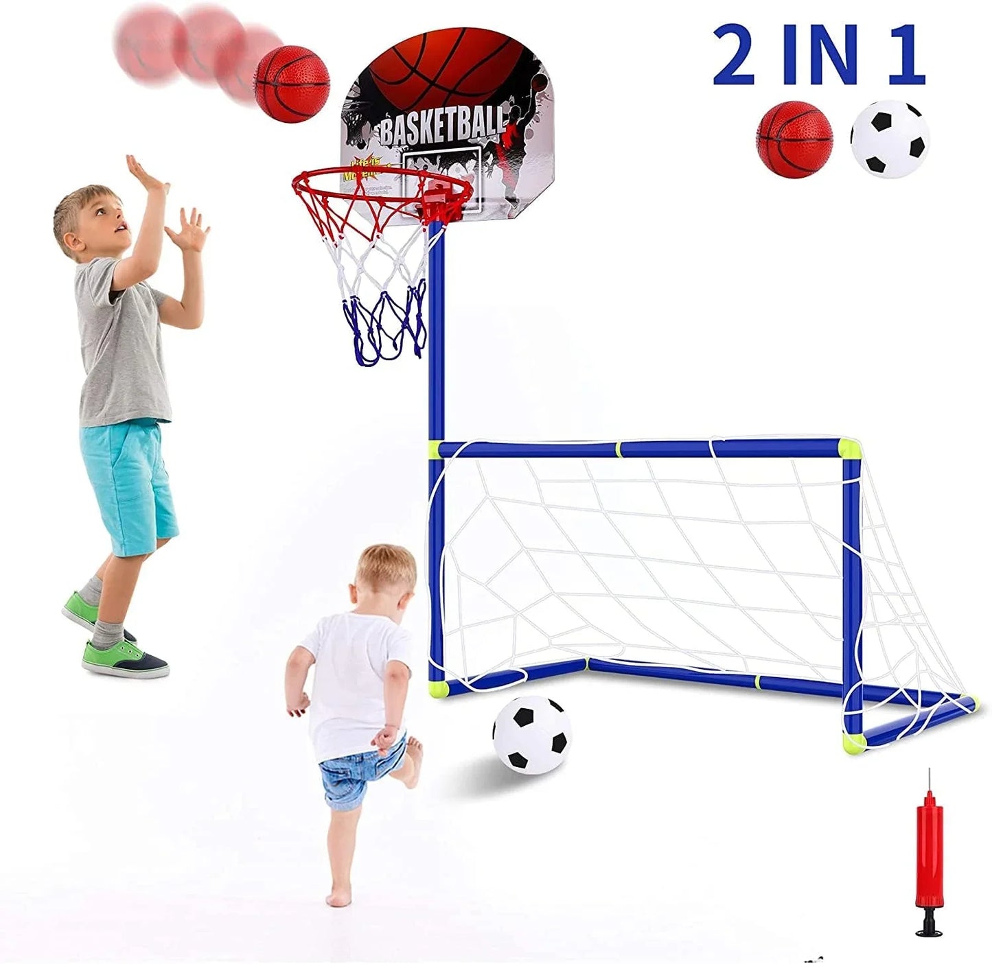 2 in 1 Kids Sports Set with Football Goal, Basketball Stand, 2 Balls & Pump Topifye