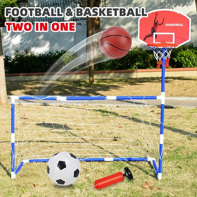 2 in 1 Kids Sports Set with Football Goal, Basketball Stand, 2 Balls & Pump Minimarvel