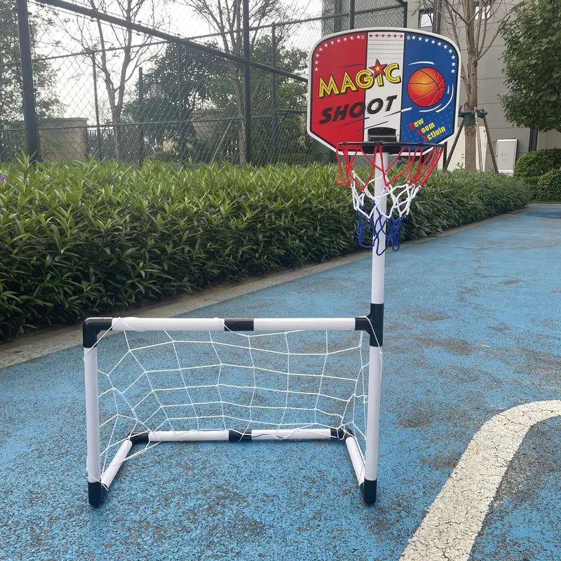 2 in 1 Kids Sports Set with Football Goal, Basketball Stand, 2 Balls & Pump Minimarvel