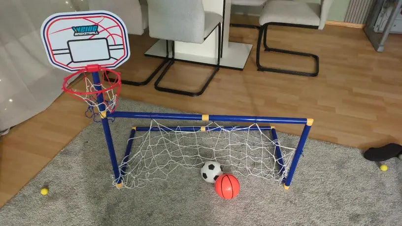 2 in 1 Kids Sports Set with Football Goal, Basketball Stand, 2 Balls & Pump Minimarvel
