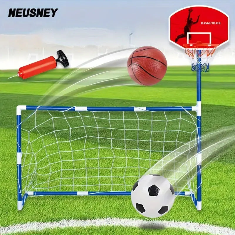 2 in 1 Kids Sports Set with Football Goal, Basketball Stand, 2 Balls & Pump Topifye