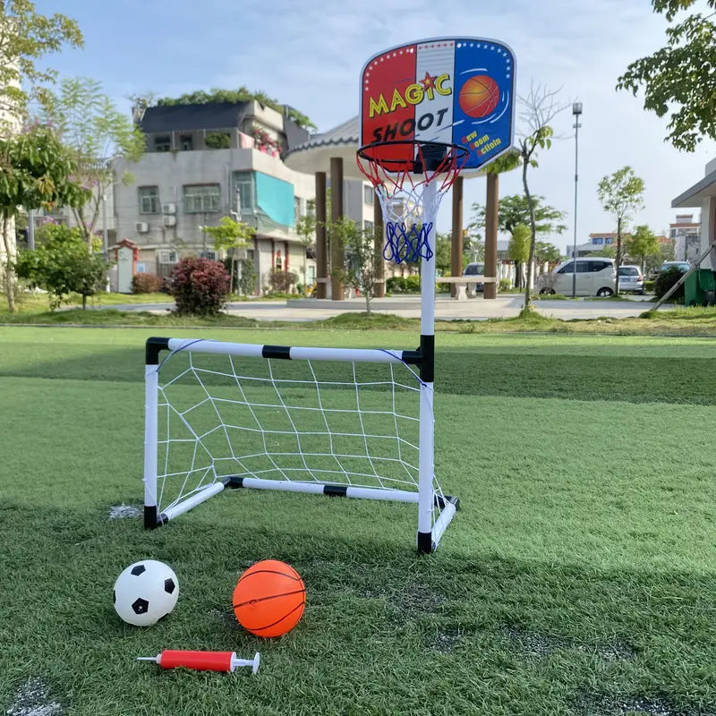 2 in 1 Kids Sports Set with Football Goal, Basketball Stand, 2 Balls & Pump Minimarvel