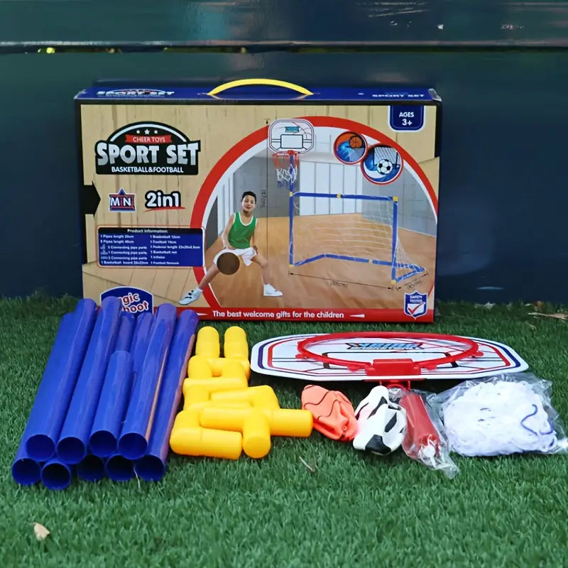 2 in 1 Kids Sports Set with Football Goal, Basketball Stand, 2 Balls & Pump Minimarvel