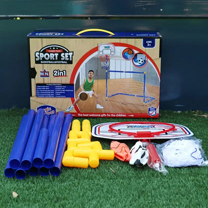 2 in 1 Kids Sports Set with Football Goal, Basketball Stand, 2 Balls & Pump Minimarvel