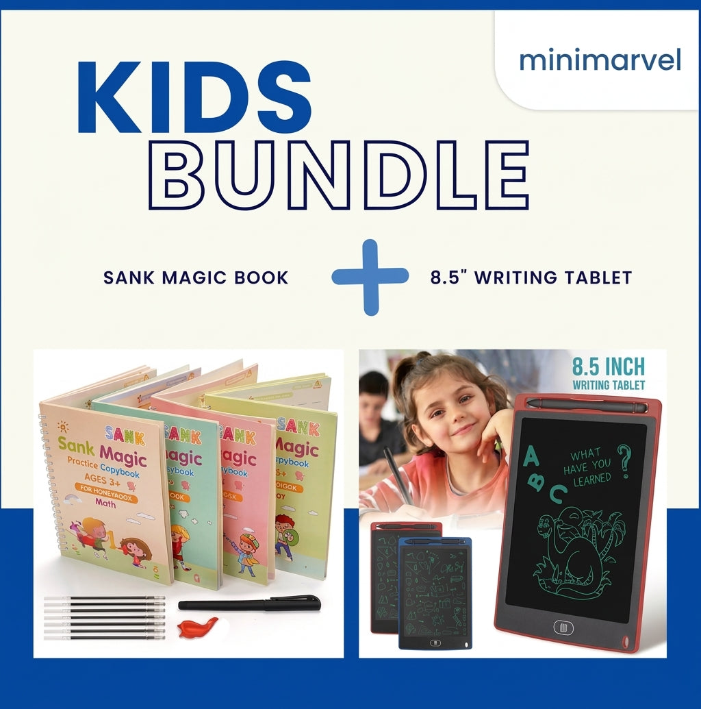 8.5 Inch Multi-Color LCD Writing Tablet + 4-in-1 Sank Magic Book Practice Set | Kids Learning & Drawing Combo | Random Colors Minimarvel