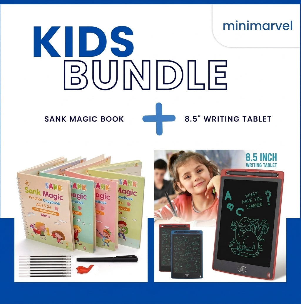 8.5 Inch Multi-Color LCD Writing Tablet + 4-in-1 Sank Magic Book Practice Set | Kids Learning & Drawing Combo | Random Colors Minimarvel