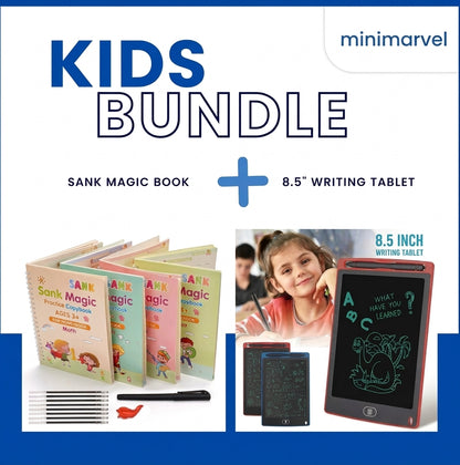 8.5 Inch Multi-Color LCD Writing Tablet + 4-in-1 Sank Magic Book Practice Set | Kids Learning & Drawing Combo | Random Colors Minimarvel