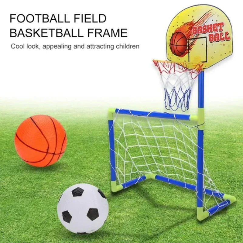 2 in 1 Kids Sports Set with Football Goal, Basketball Stand, 2 Balls & Pump Topifye
