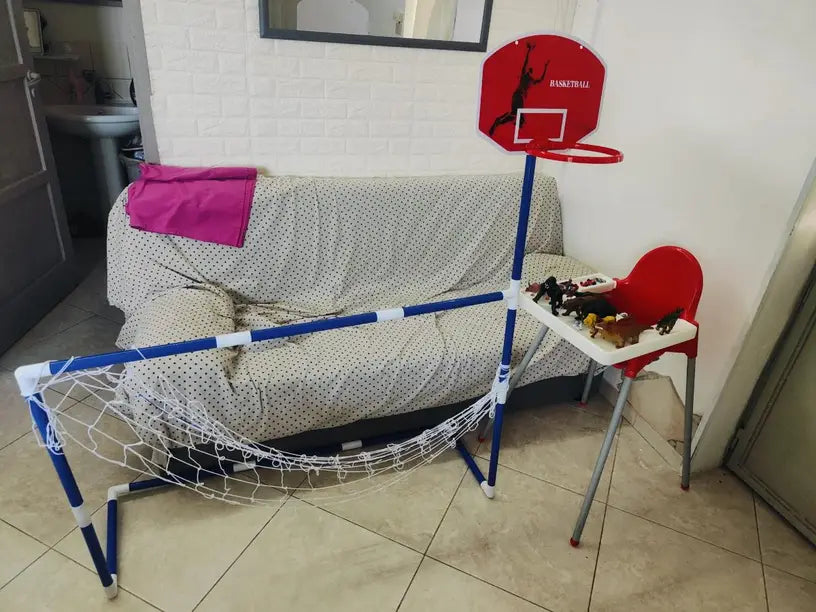 2 in 1 Kids Sports Set with Football Goal, Basketball Stand, 2 Balls & Pump Minimarvel