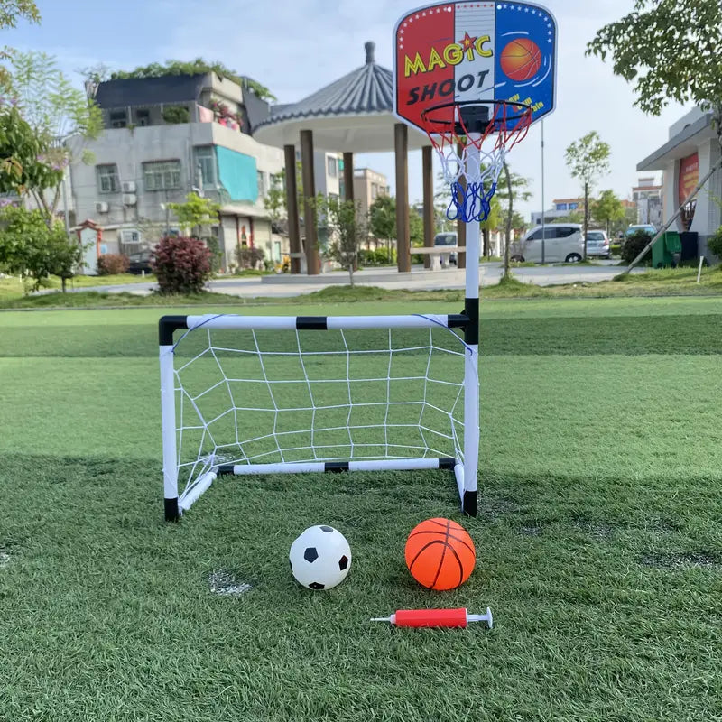 2 in 1 Kids Sports Set with Football Goal, Basketball Stand, 2 Balls & Pump Topifye