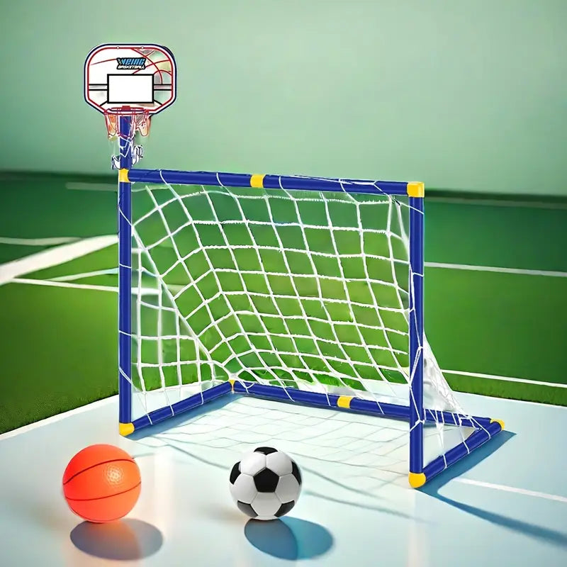 2 in 1 Kids Sports Set with Football Goal, Basketball Stand, 2 Balls & Pump Minimarvel
