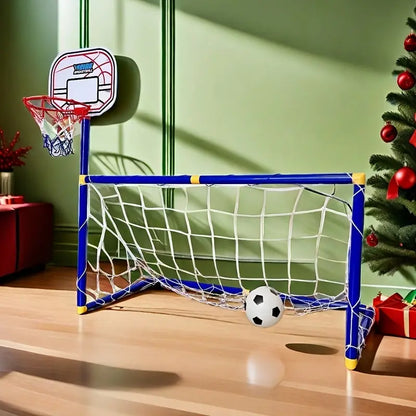 2 in 1 Kids Sports Set with Football Goal, Basketball Stand, 2 Balls & Pump Topifye