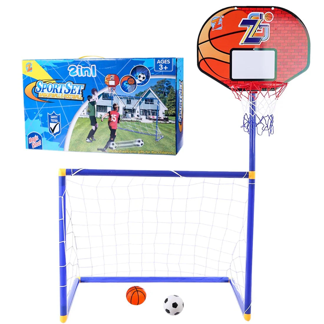 2 in 1 Kids Sports Set with Football Goal, Basketball Stand, 2 Balls & Pump Topifye