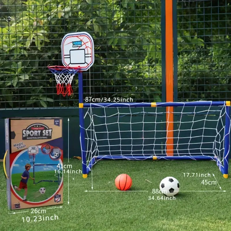 2 in 1 Kids Sports Set with Football Goal, Basketball Stand, 2 Balls & Pump Topifye