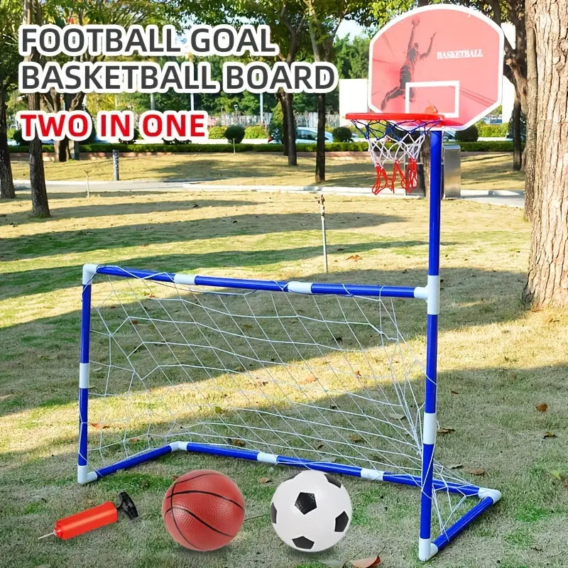 2 in 1 Kids Sports Set with Football Goal, Basketball Stand, 2 Balls & Pump Topifye