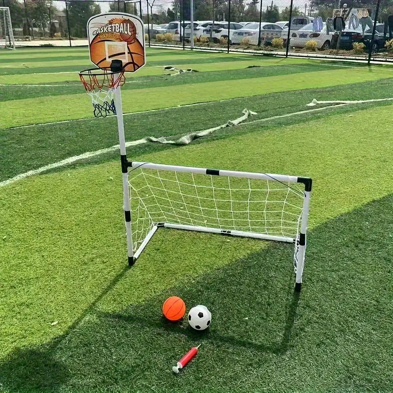 2 in 1 Kids Sports Set with Football Goal, Basketball Stand, 2 Balls & Pump Minimarvel