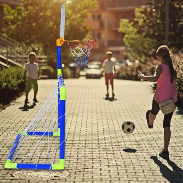 2 in 1 Kids Sports Set with Football Goal, Basketball Stand, 2 Balls & Pump Topifye
