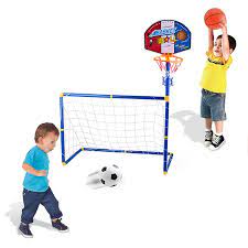 2 in 1 Kids Sports Set with Football Goal, Basketball Stand, 2 Balls & Pump Topifye